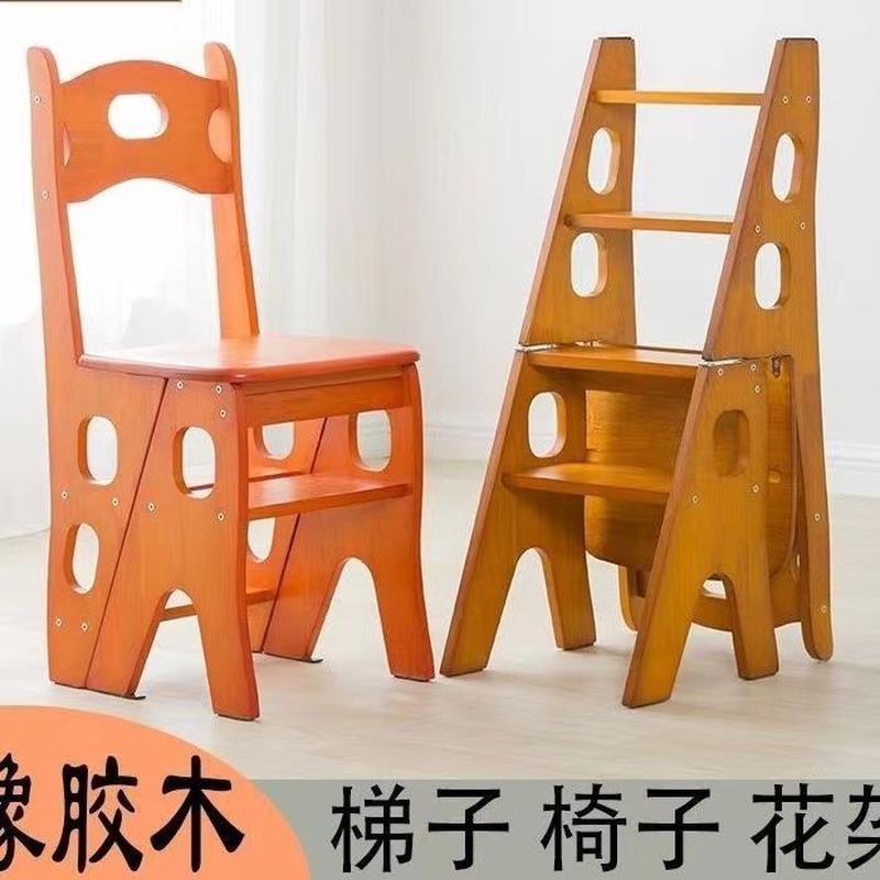 热销橡胶木实木梯凳多功能折叠楼梯椅子踏板台阶两用四步梯子网红