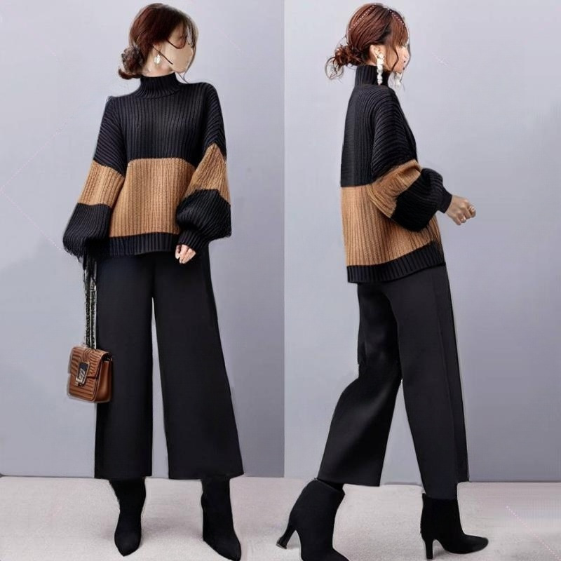 2024秋冬新款高领灯笼袖毛织上衣+九分阔腿裤 两件套