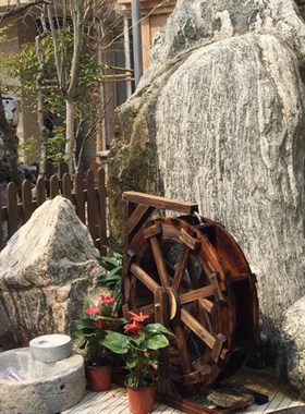 木制摆件鱼缸喷流水风风车假山大中小型鱼池z水轮木户.防腐水车外