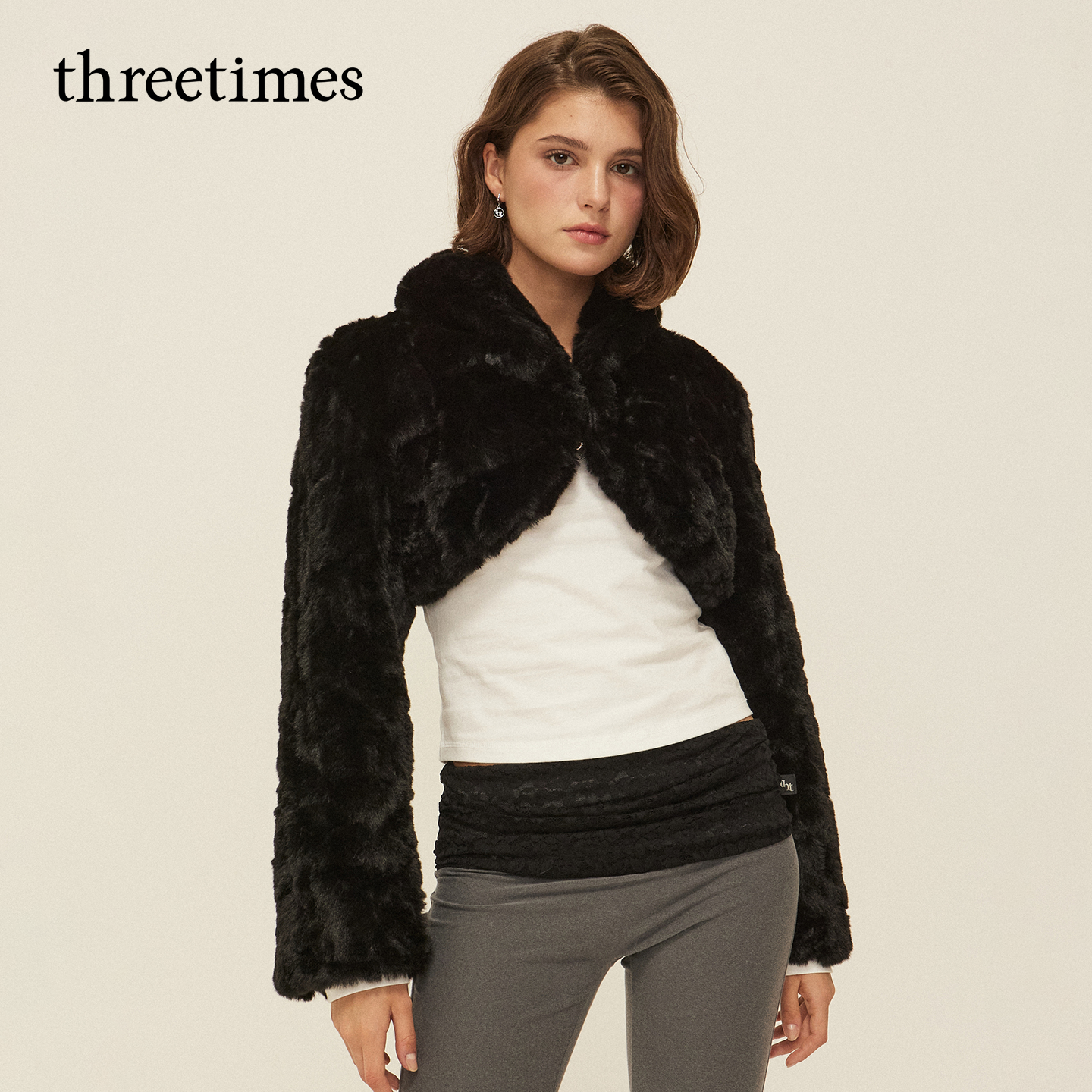 threetimes2025新款翻领环保皮草外套女短款小个子高级感毛毛大衣