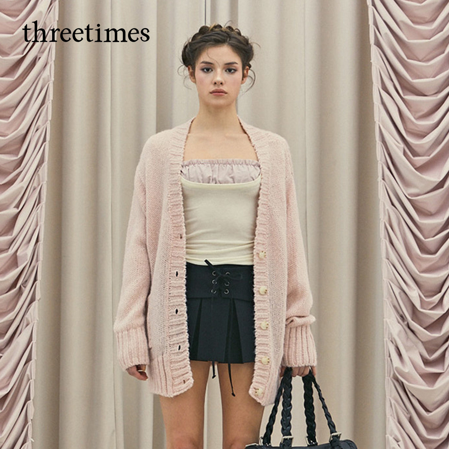 threetimes粉色松弛感中长款针织开衫女冬宽松甜美慵懒风毛衣外套,女装/女士精品,毛衣,淘宝优惠券,粉丝福利购,淘宝优惠卷