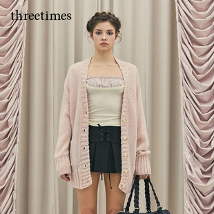 threetimes粉色松弛感中长款针织开衫女冬宽松甜美慵懒风毛衣外套