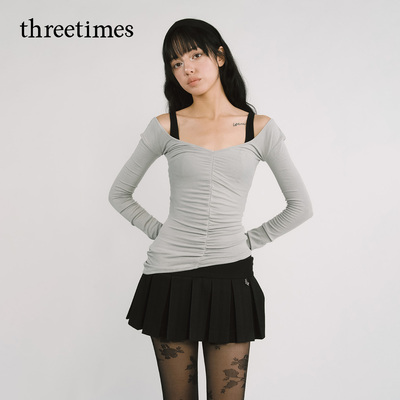 threetimes不规则设计感大v领纯欲长袖上衣女2026早春褶皱修身T恤