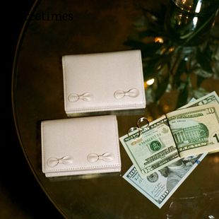 threetimes蝴蝶结真皮女士卡包二合一小钱包2026设计感精致零钱包