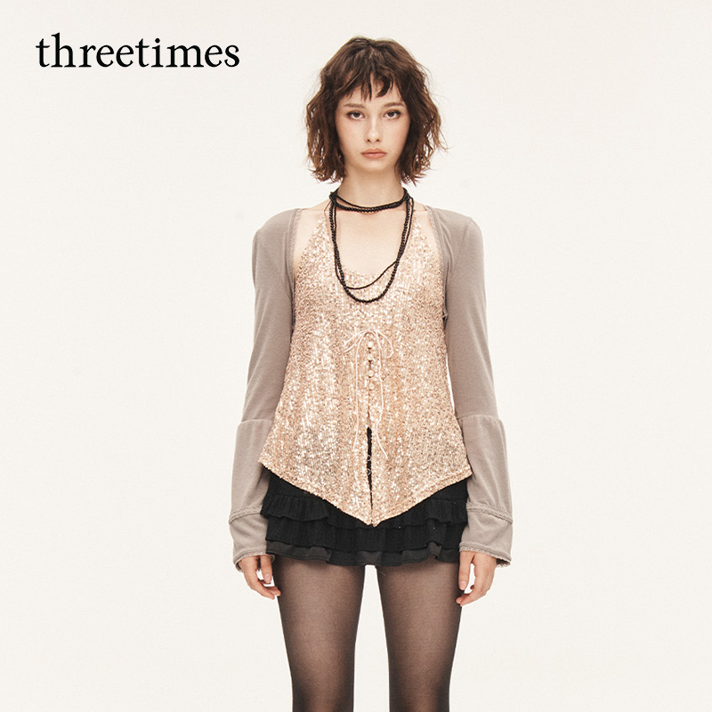 threetimes2025新款短款长袖披肩开衫外套女早秋蕾丝外搭罩衫上衣