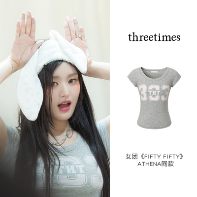 threetimes美式复古潮印花灰色短袖女t恤夏2025新款短款修身上衣