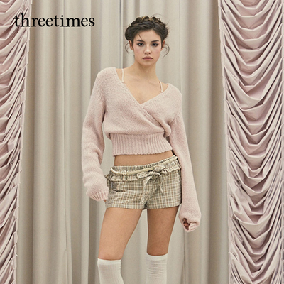 密探桑尼同款threetimes交叉V领罗纹短针织衫毛衣女韩版宽松上衣