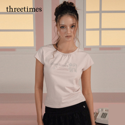 threetimes字母印花烫钻短袖T恤女夏2026新款甜美少女风修身上衣