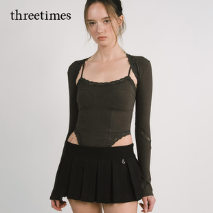 threetimes2025纯欲风长袖开衫女短款韩系氛围感罩衫修身显瘦上衣