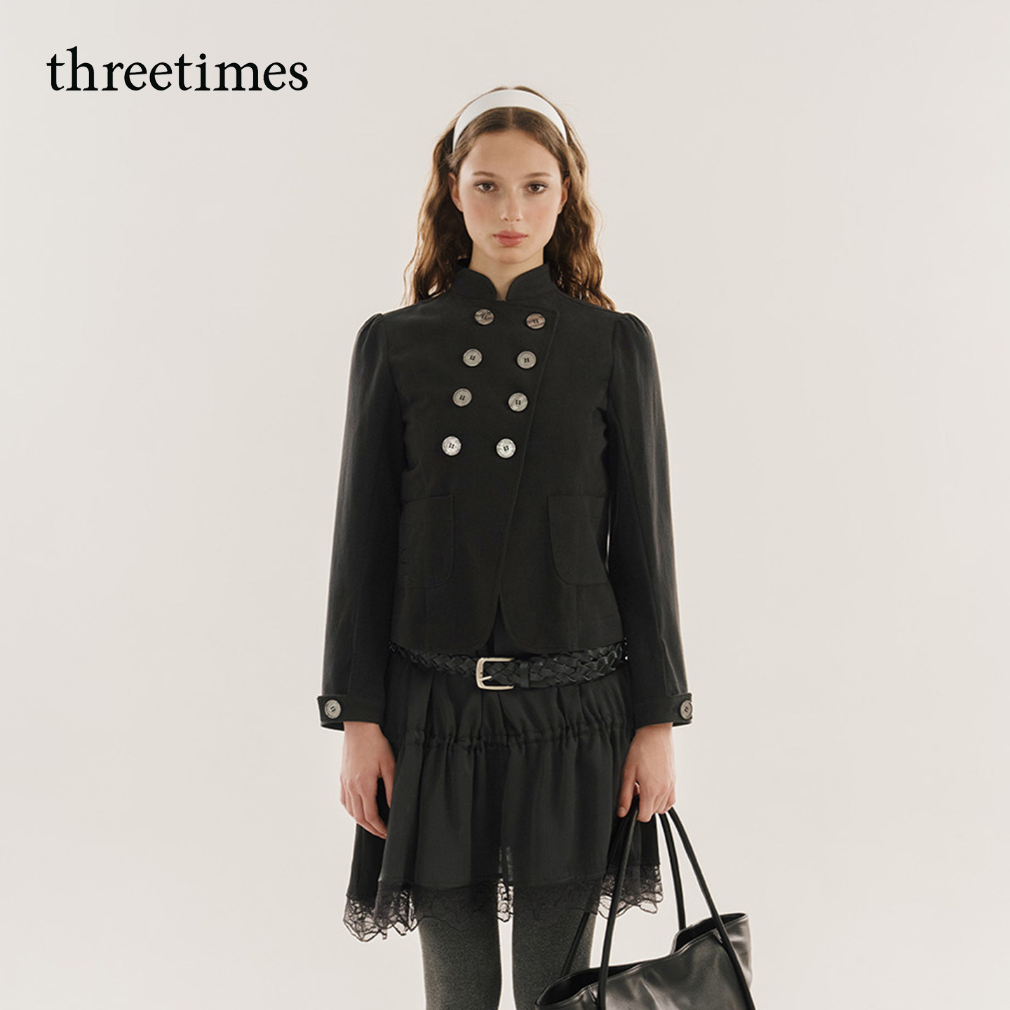 threetimes2026秋季新款女士夹克双排扣立领短外套气质上衣时尚图片