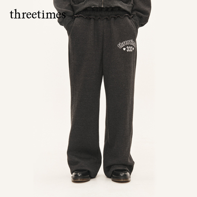 threetimes加绒松紧腰运动裤女2026秋冬宽松休闲裤加长版保暖裤子