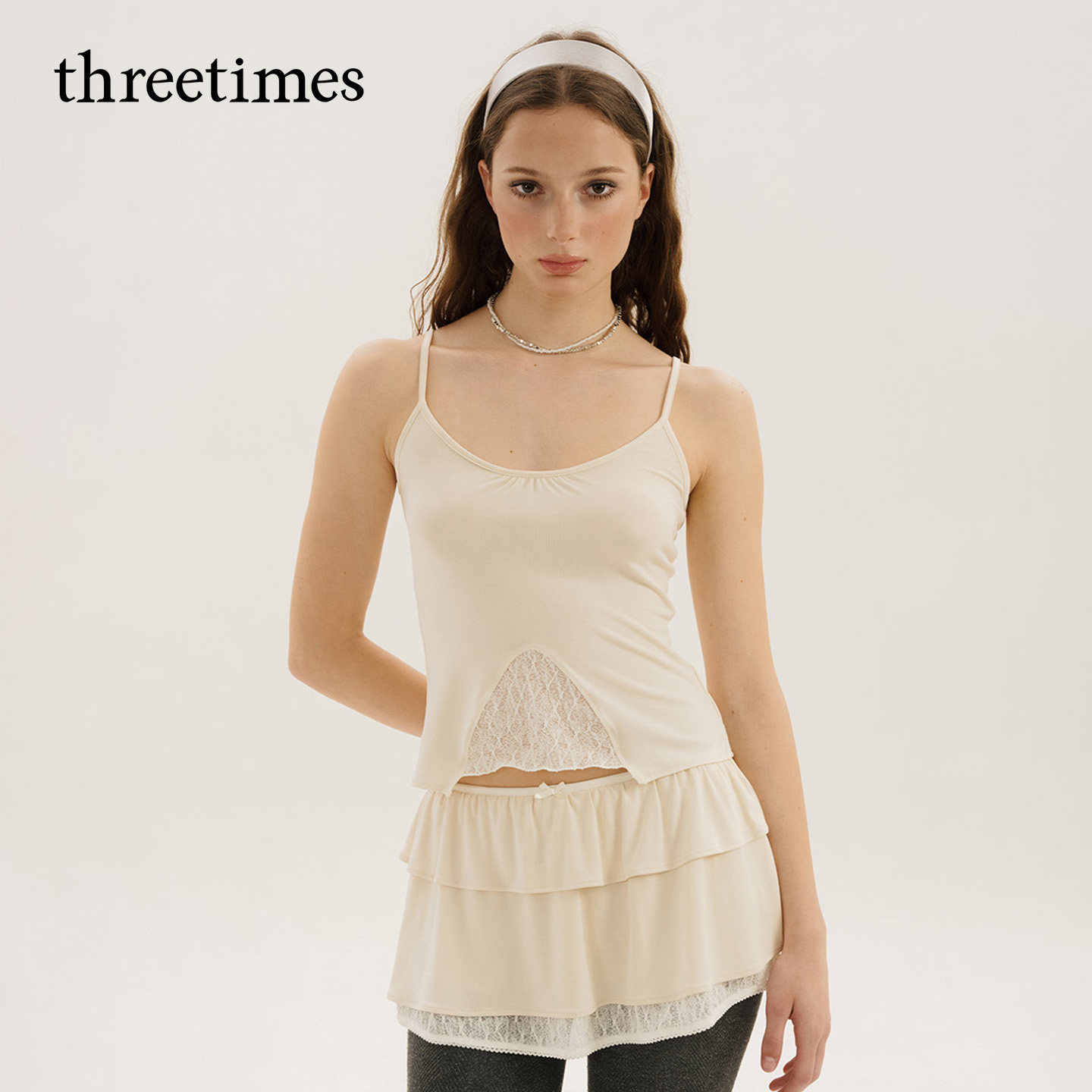 threetimes蕾丝拼接花边吊带背心女设计师品牌叠穿上衣26年秋季新图片