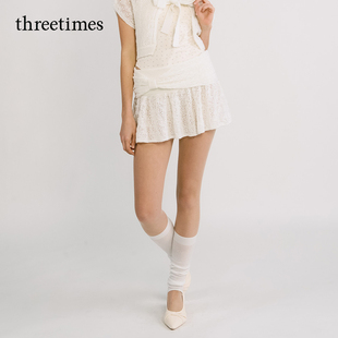 threetimes镂空设计针织半身裙女冬2025新款a字百褶短裙短款半裙