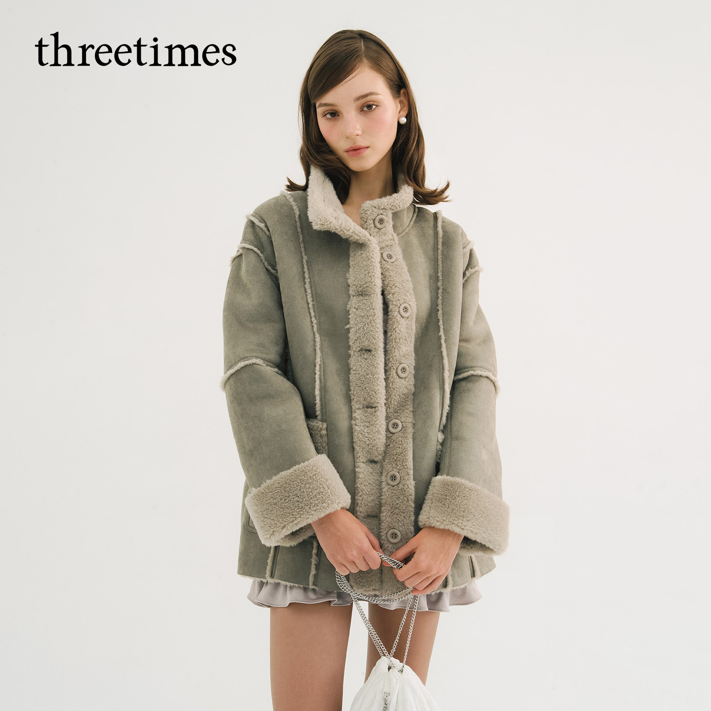 threetimes冬季立领仿鹿皮中长款皮毛一体外套女2025新款加厚保暖