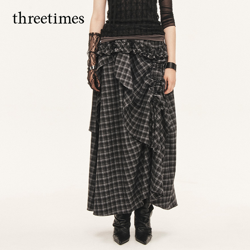 戚砚笛同款threetimes不规则设计复古格子半身裙2025新款格纹半裙