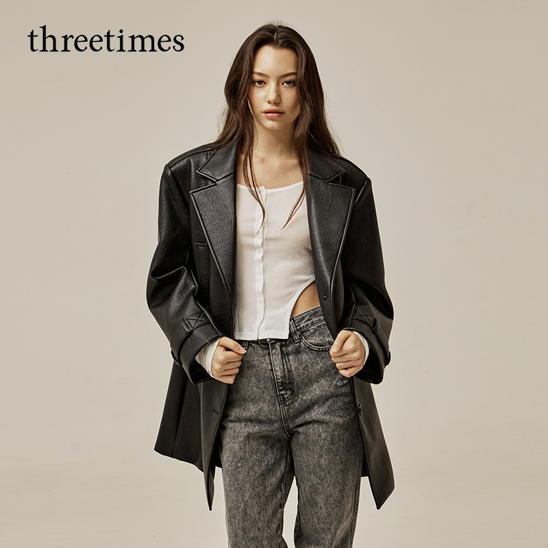 threetimes2025新款秋冬夹克外套PU皮衣韩版时尚男女同款高级感