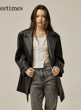 threetimes2026春季中长款PU皮衣夹克外套韩版时尚男女同款高级感