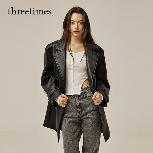 threetimes2026春季中长款PU皮衣夹克外套韩版时尚男女同款高级感