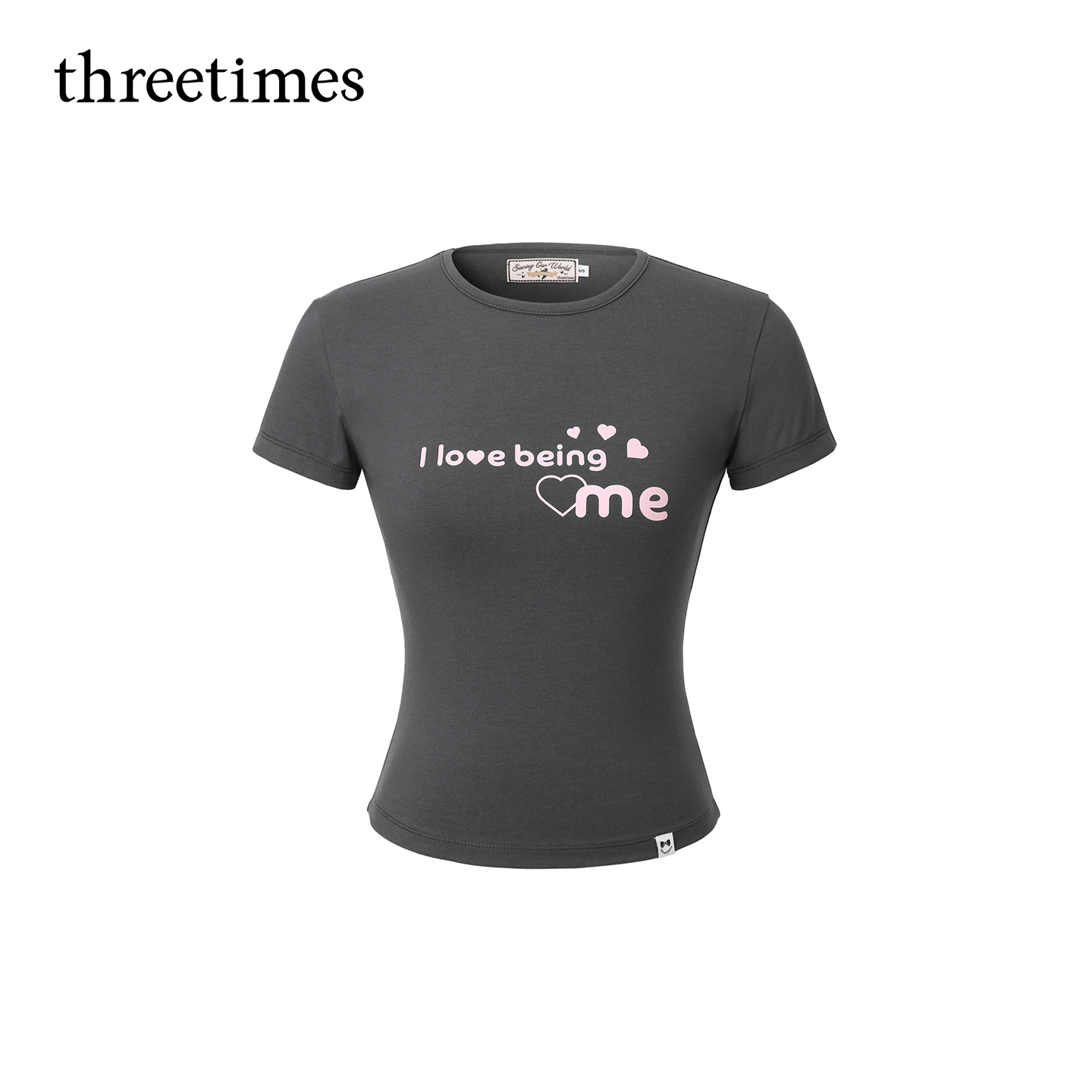 threetimes美式复古字母印花短袖T恤女2025新款修身显瘦小众上衣