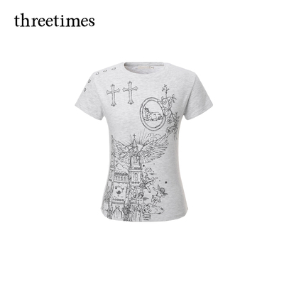 threetimes短袖T恤女印花慵懒风上衣短袖休闲修身款时尚小众设计