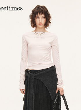 threetimes2025新款修身长袖T恤女chic韩系一字肩早秋上衣打底衫