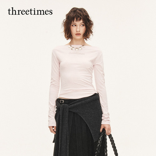 密探桑尼同款threetimes新款修身长袖T恤女韩系一字肩上衣打底衫