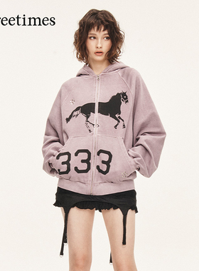 threetimes2025新款情侣装男女冬季美式慵懒宽松连帽开衫卫衣外套