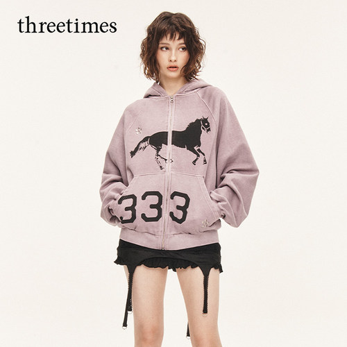 threetimes2026春季情侣装男女同款美式慵懒宽松连帽开衫卫衣外套