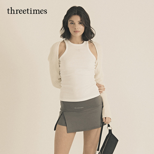 threetimes吊带女2025新款设计感纯欲内搭背心韩版时尚叠穿黑色