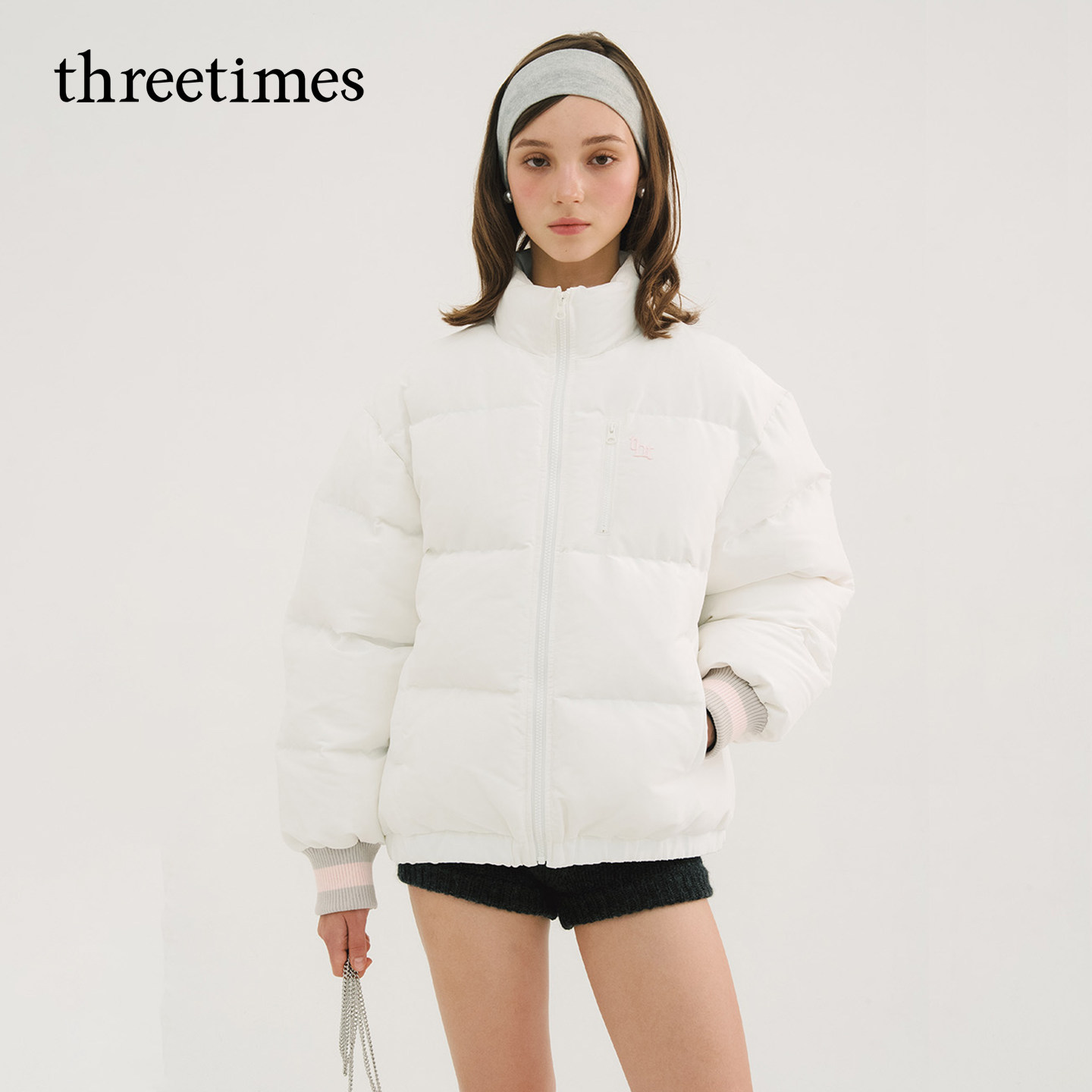 threetimes通勤立领羽绒服男女情侣同款2026冬季韩系宽松保暖外套图片
