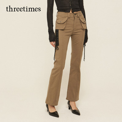 threetimes修身窄版工装微喇裤女秋2025美式高街多口袋设计感长裤