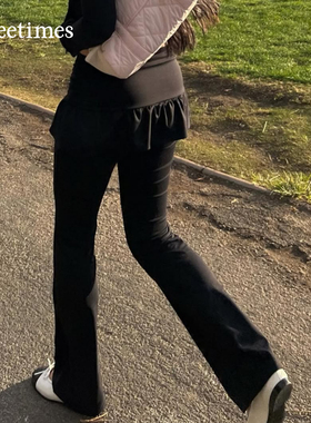 threetimes黑色运动裙裤一体假两件2025韩系修身显瘦微喇长裤女秋