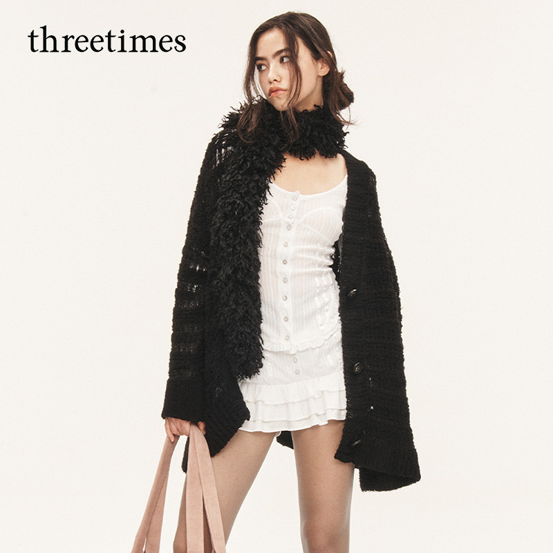 threetimes超好看设计感圆领修身长袖T恤女2025新款早秋辣妹上衣