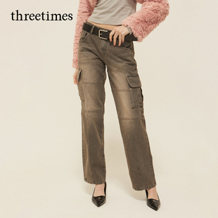 threetimes美式复古工装多口袋牛仔裤女2025秋冬直筒长裤休闲裤子