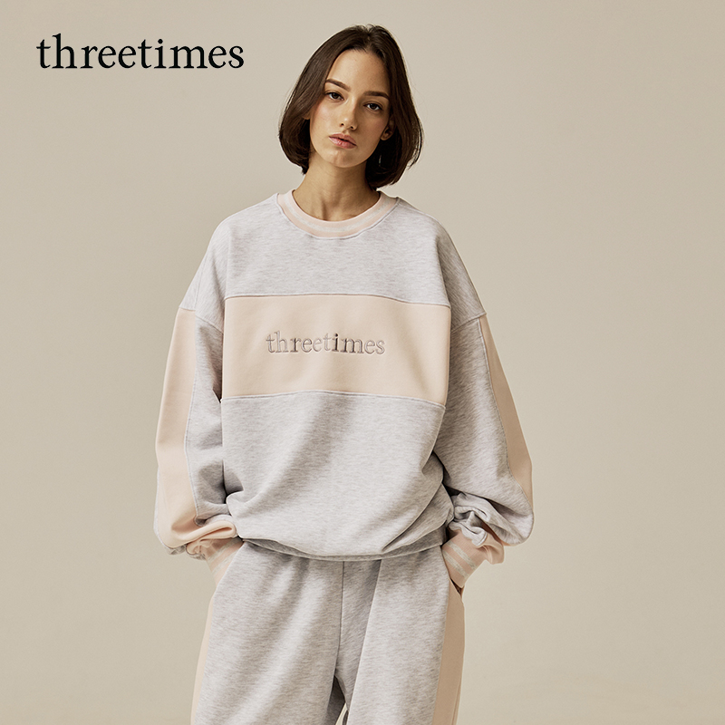 threetimes2025秋季男女同款情侣装拼色卫衣慵懒宽松运动早秋上衣
