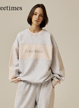 threetimes2026春季男女同款情侣装拼色卫衣慵懒宽松运动早秋上衣