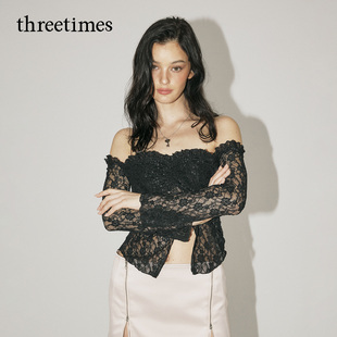 threetimes黑色绝美性感蕾丝一字肩上衣女修身显瘦长袖抹胸打底衫
