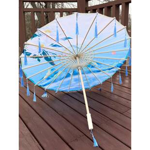 蓝色流苏油纸伞旗袍t台表演摄影汉代道具照片新中国风工艺伞