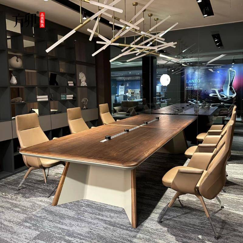 方卯新中式会议桌黑胡桃木现代轻奢高级感大型公司会议室洽谈桌