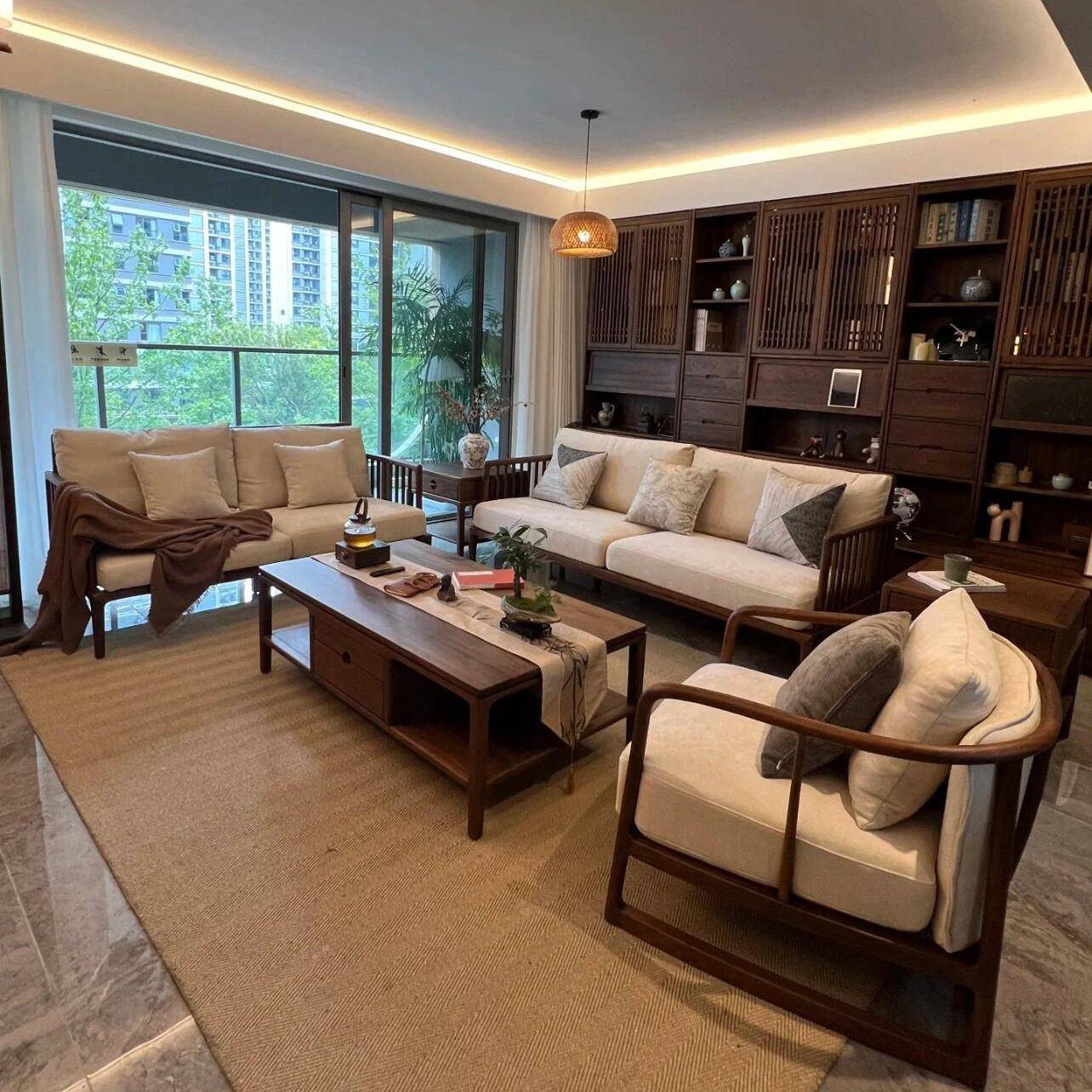 新中式沙发组合宋式美学办公室别墅客厅实木家具黑胡桃白蜡木沙发