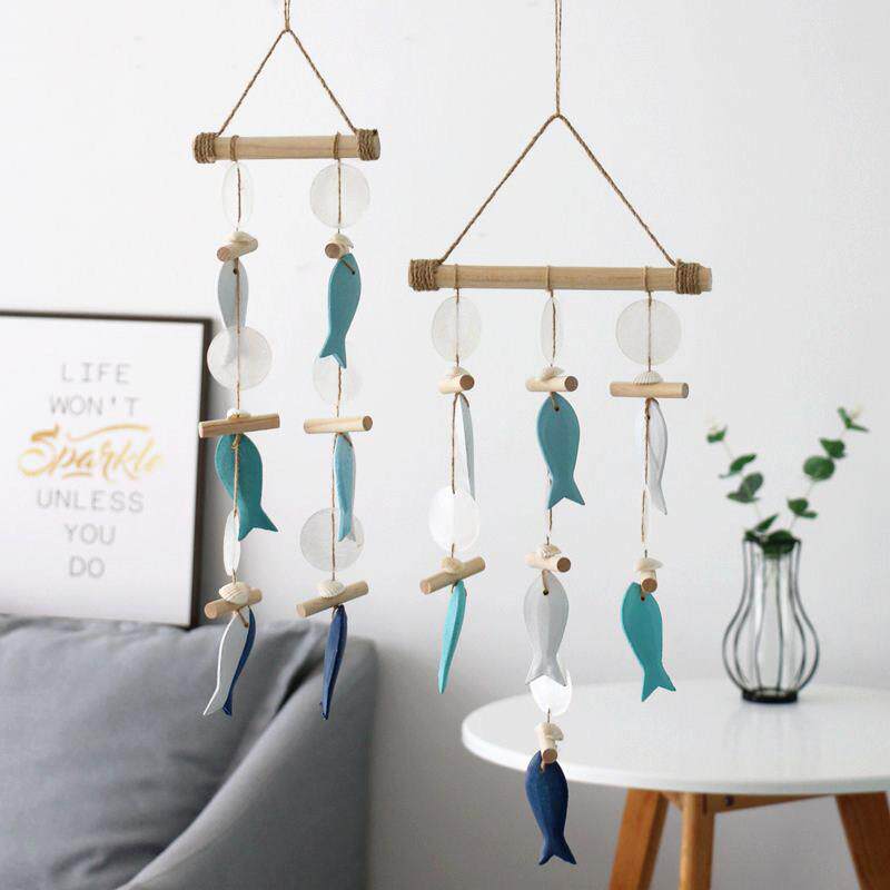 地中海风格墙面装饰品鱼串贝壳挂件实木麻绳风铃创意北欧墙壁家居