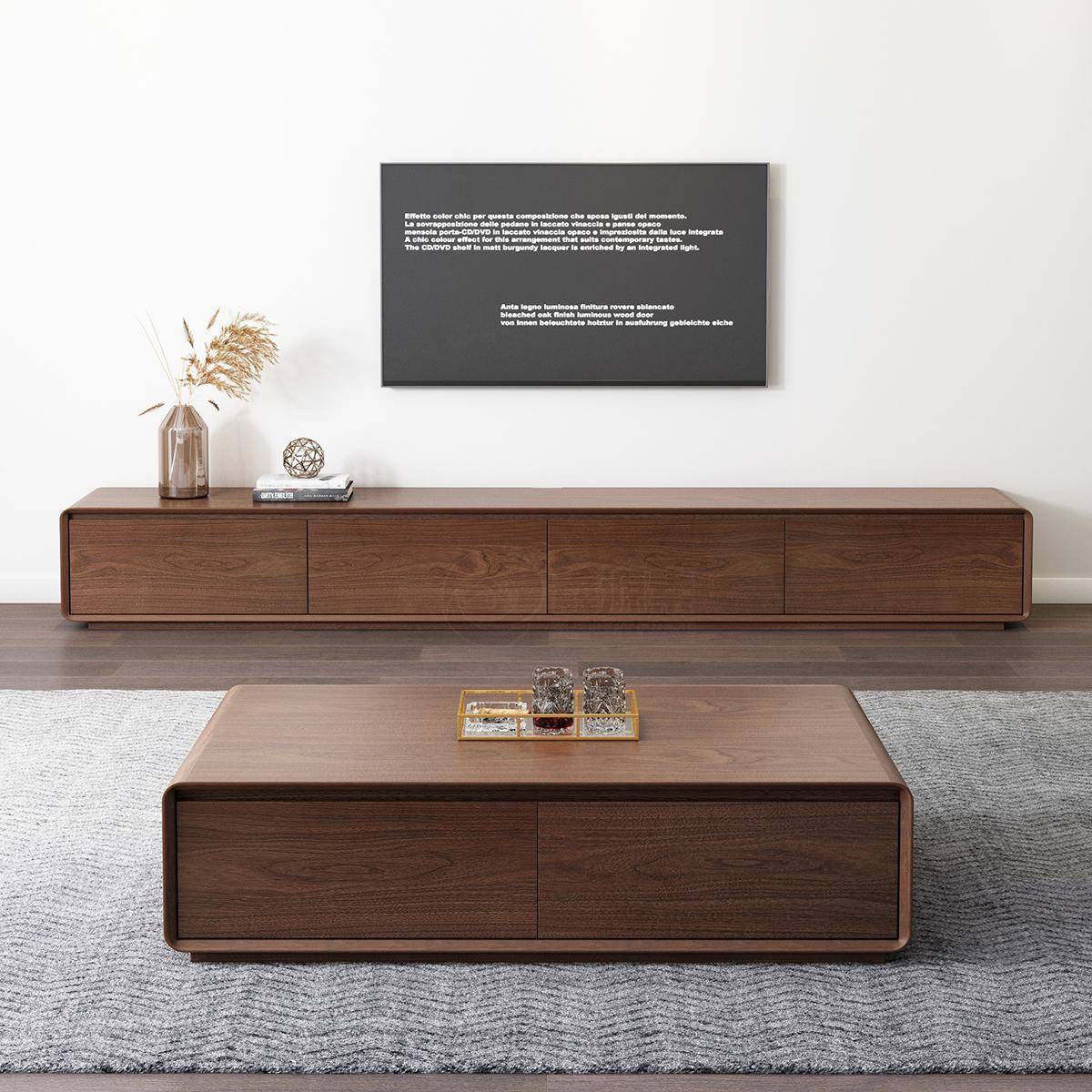 中古风现代简约电视柜茶几组合小户型胡桃色客厅烤漆实木电视机柜