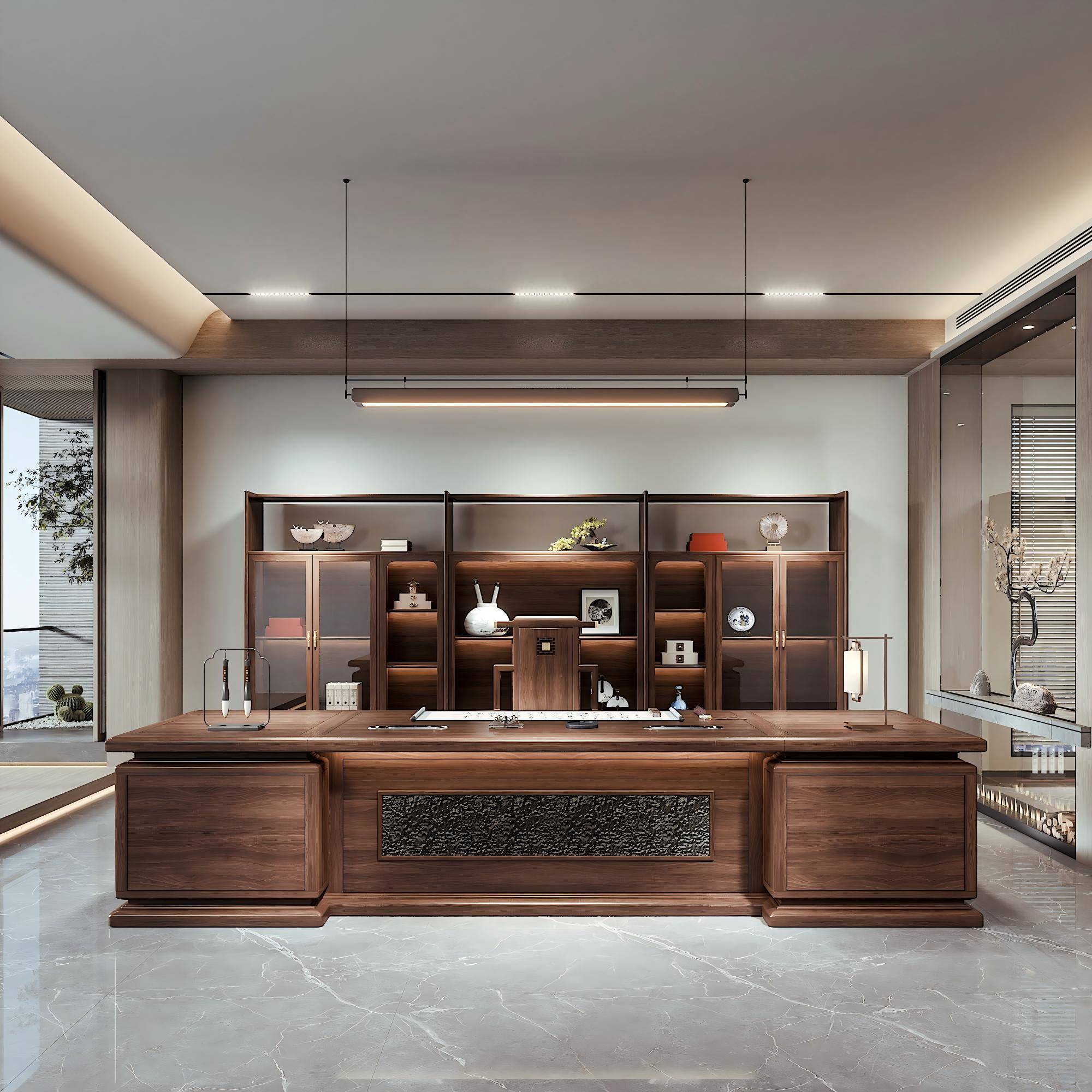 新中式实木办公桌老板桌乌金木董事长办公室高端大班台背景柜组合