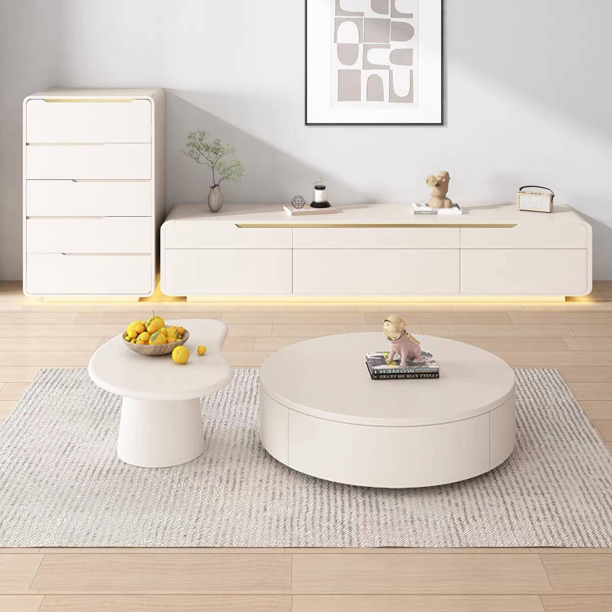 全实木奶油风双层落地电视柜茶几组合现代简约客厅家用小户型新款