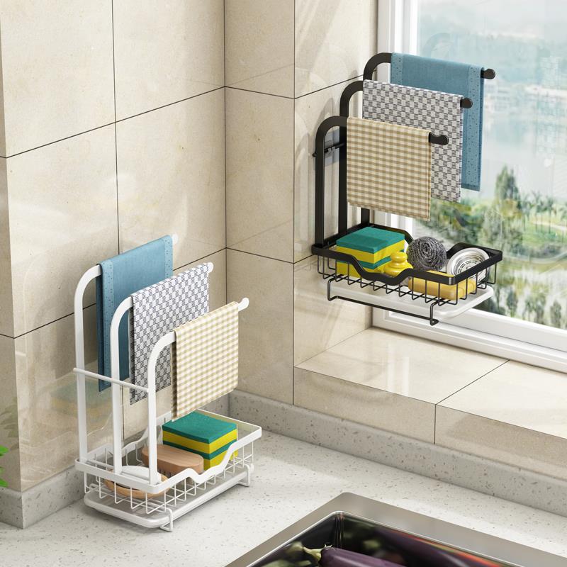 新款高低杆抹布架厨房置物架免打孔台面壁挂海绵沥水架洗碗布收纳