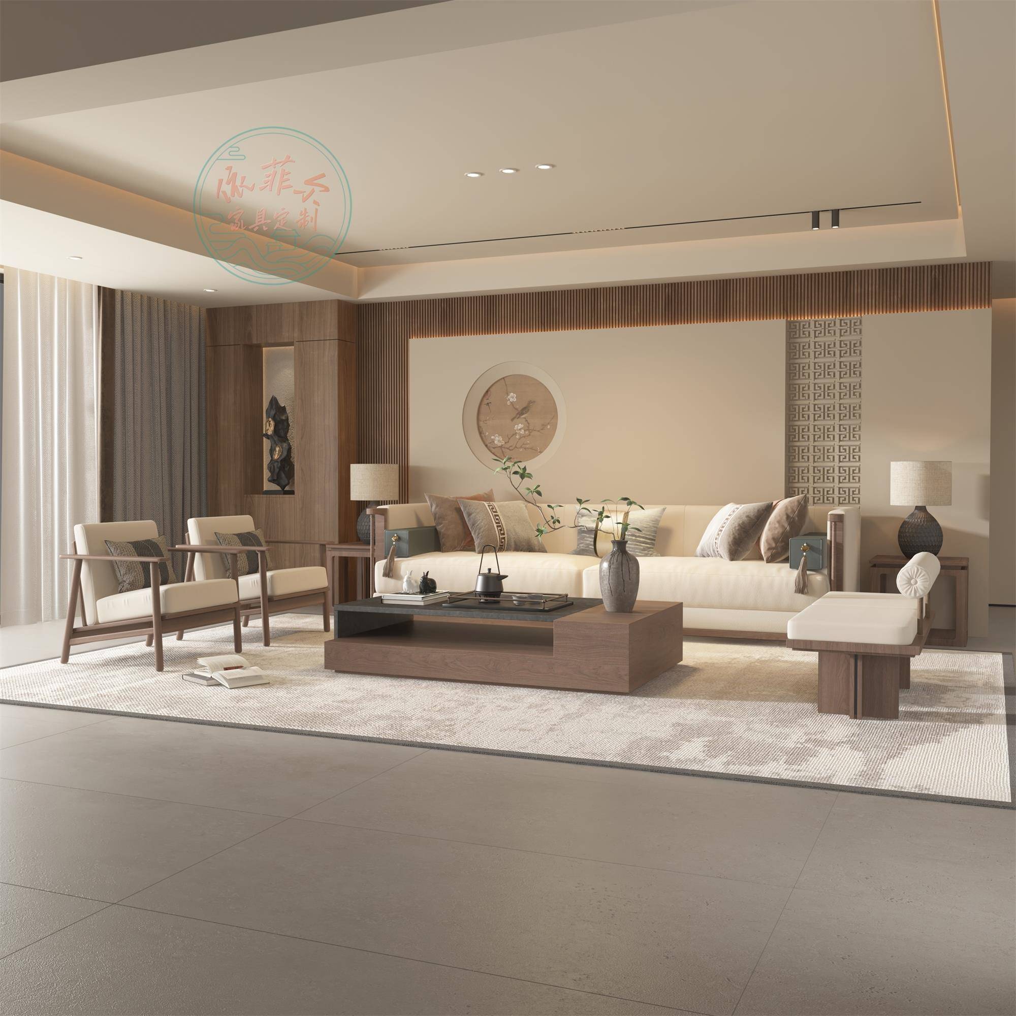 新中式实木沙发茶几组合客厅茶楼民宿设计师款中古风大堂接待定制