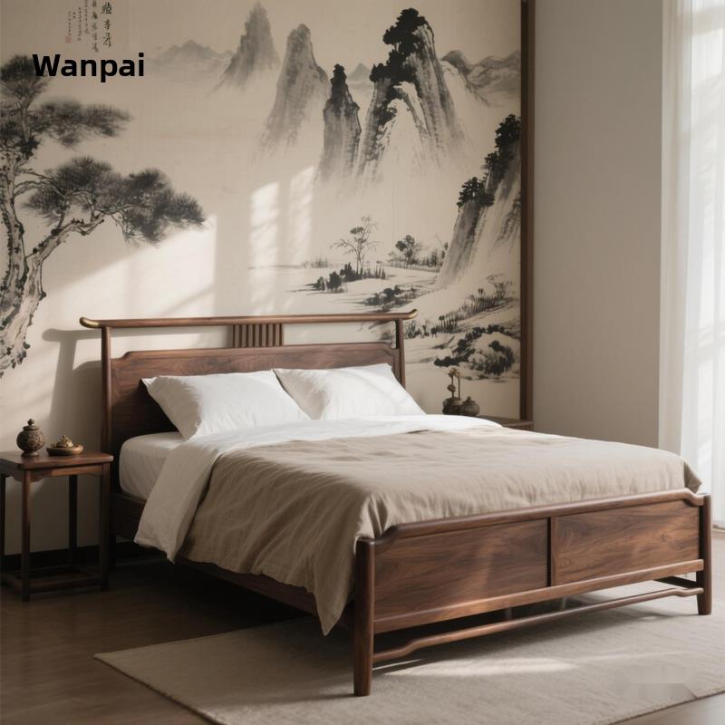北美黑胡桃木宋式美学床1米8排骨架双人床实木架子床家具