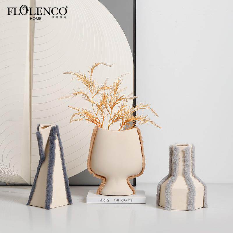北欧极简几何艺术贴绒陶瓷花瓶样板间客厅餐边柜创意家居小众摆件