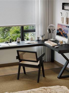 。黑色实木转角书桌卧室台式电脑桌l型拐角办公室桌学生家用写字