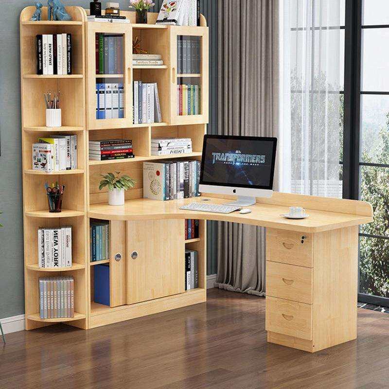 实木转角书桌书架一体组合柜电脑写字台学习桌儿童拐角书房家具